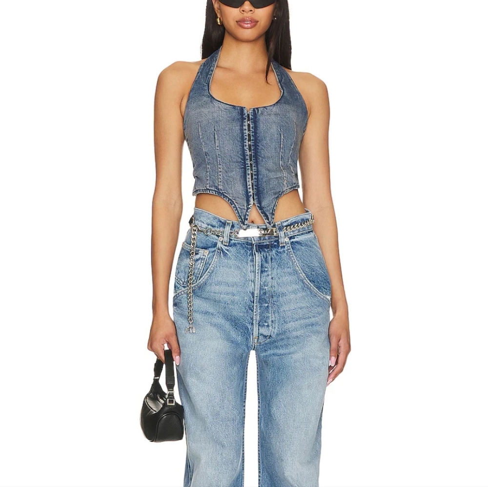 Miaou | Dani Denim Corset Halter Top in Echo Denim Size Medium